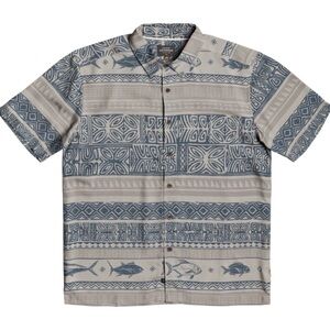 Quiksilver Men's Blue and Beige Patterned Short-Sleeve Button-Down Shirt